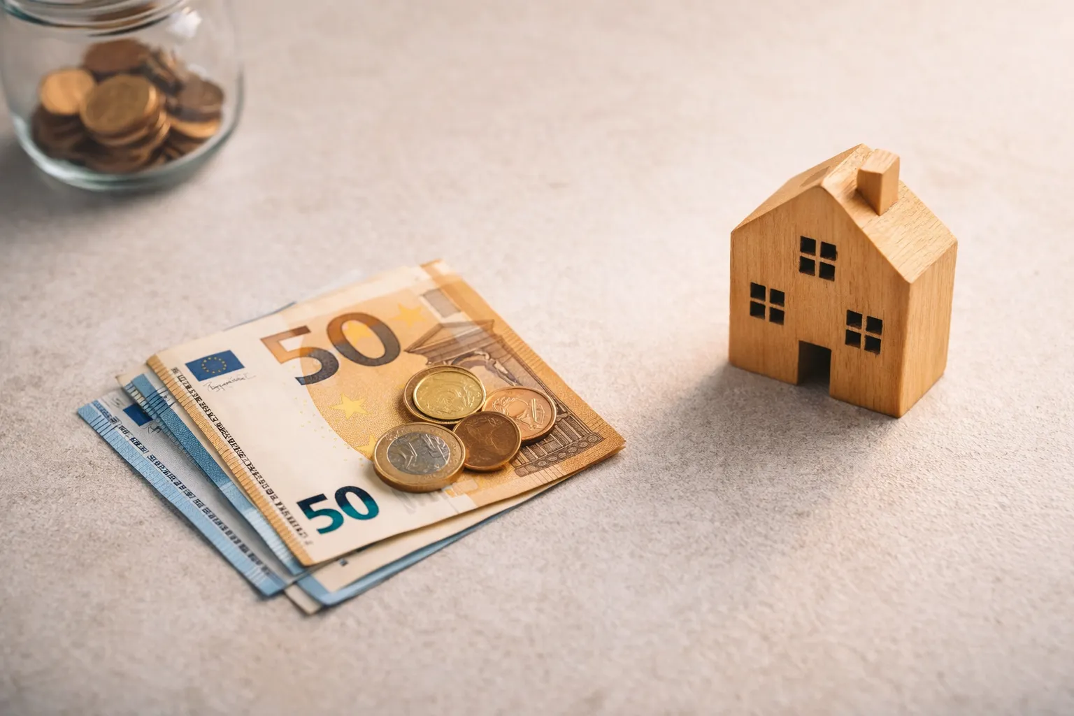 Euromünzen und Geldscheine neben einem Hausmodell – Eigenkapital für die Baufinanzierung ansparen