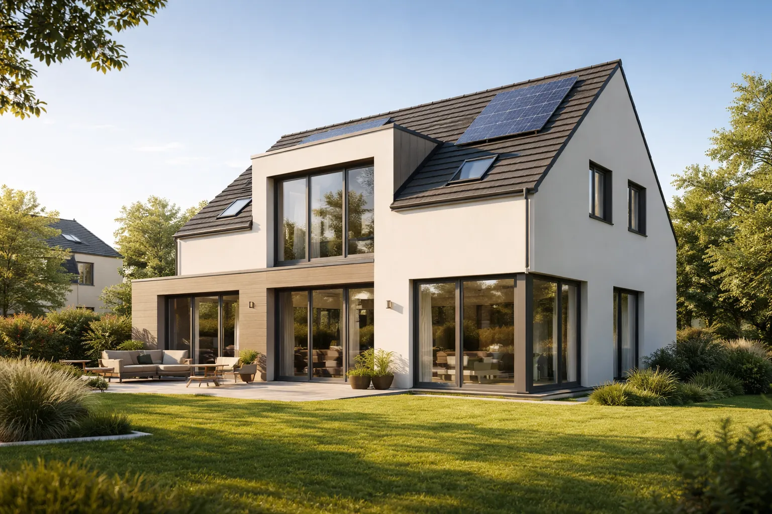 Modernes energieeffizientes Wohngebäude im Grünen – KfW-Förderung für klimafreundliches Bauen